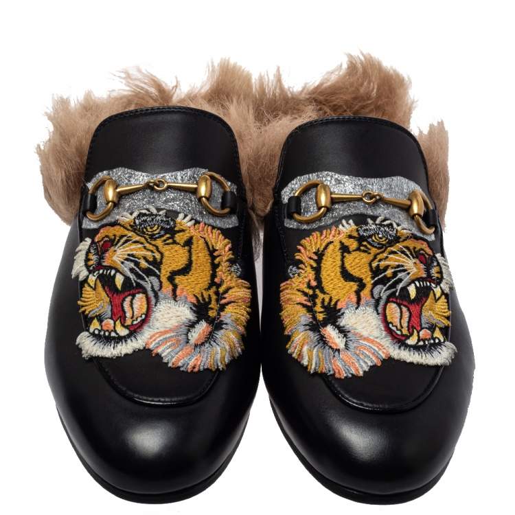Pre Owned  Gucci Black Tiger Embroidered Leather And Fur Princetown Horsebit Mules Size 39