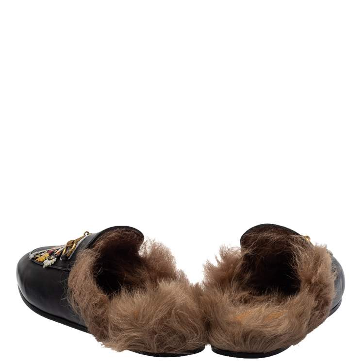 Pre Owned  Gucci Black Tiger Embroidered Leather And Fur Princetown Horsebit Mules Size 39