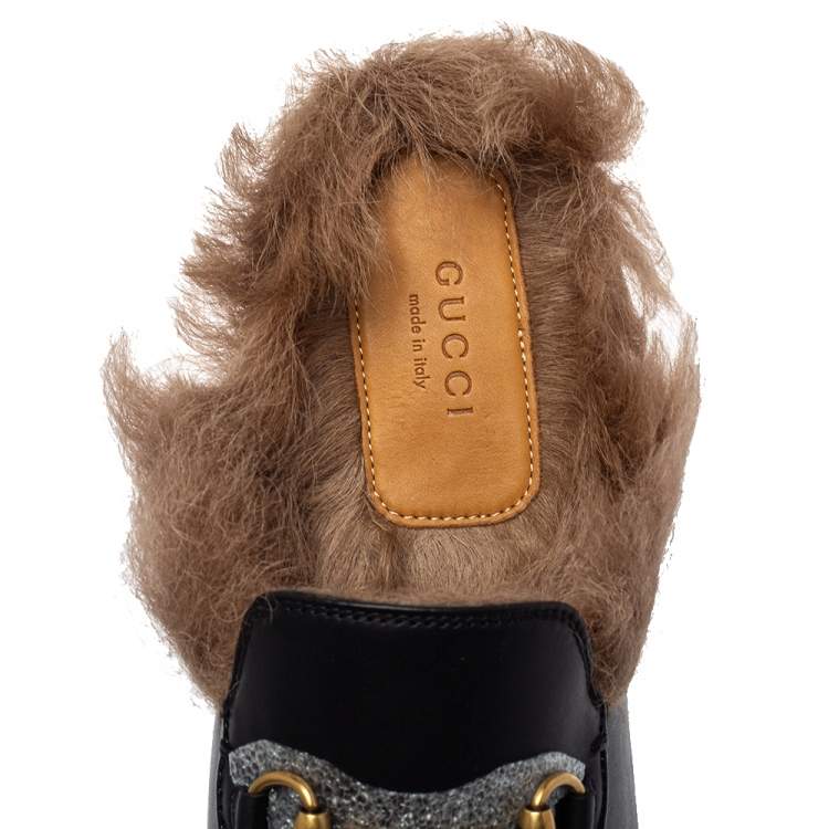 Pre Owned  Gucci Black Tiger Embroidered Leather And Fur Princetown Horsebit Mules Size 39