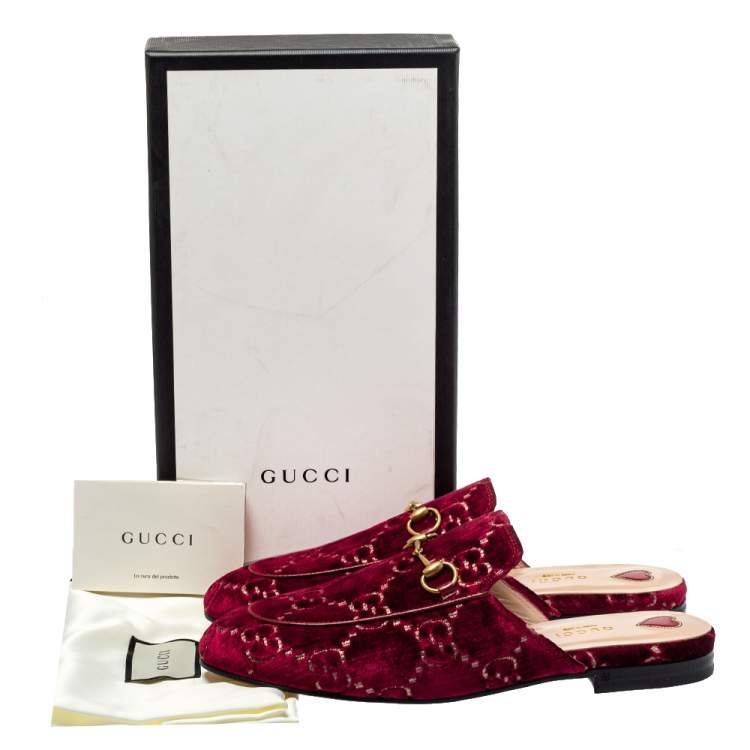 Pre Owned Gucci Red GG Velvet And Leather Princetown Mules Size 39