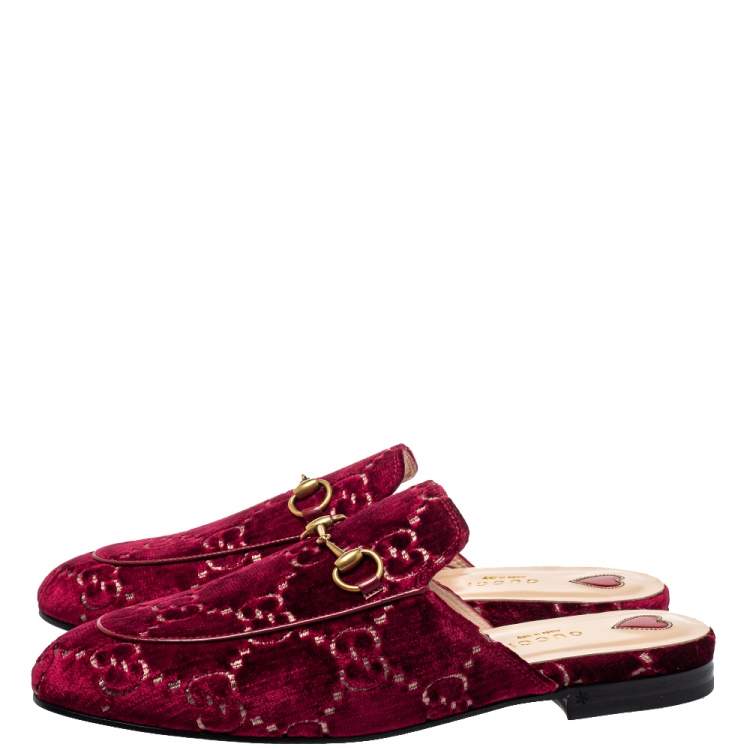 Pre Owned Gucci Red GG Velvet And Leather Princetown Mules Size 39