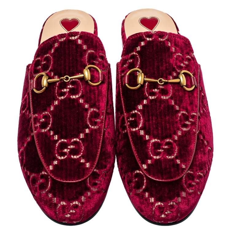 Pre Owned Gucci Red GG Velvet And Leather Princetown Mules Size 39