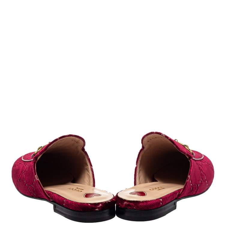 Pre Owned Gucci Red GG Velvet And Leather Princetown Mules Size 39