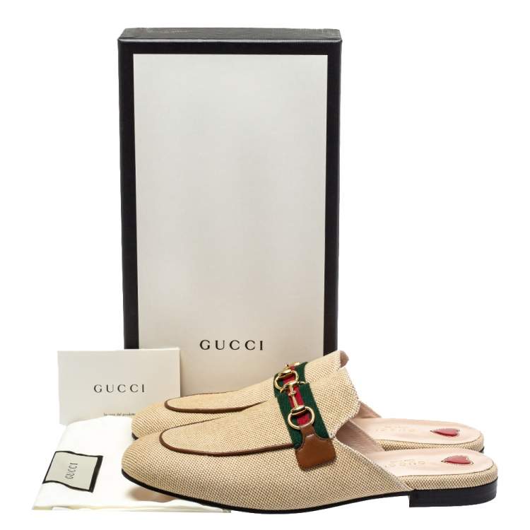 Pre Owned Gucci Beige Canvas And Leather Princetown Horsebit Mules Size 39.5