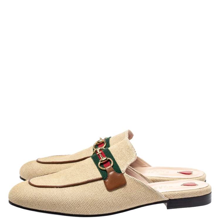 Pre Owned Gucci Beige Canvas And Leather Princetown Horsebit Mules Size 39.5