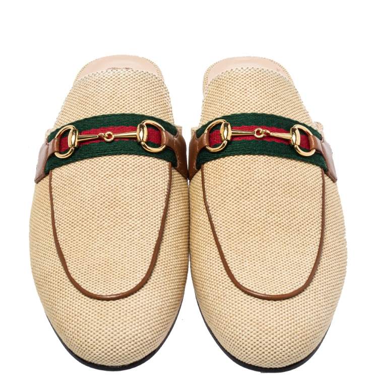 Pre Owned Gucci Beige Canvas And Leather Princetown Horsebit Mules Size 39.5