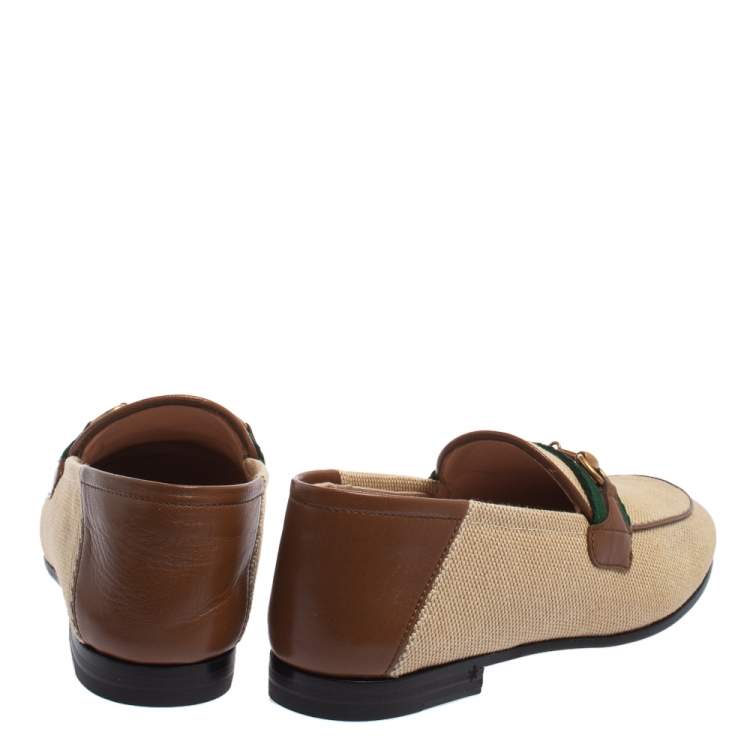 Pre Owned Gucci Beige/Brown Canvas and Leather Horsebit Brixton Loafers Size 37