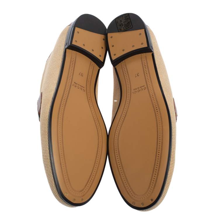 Pre Owned Gucci Beige/Brown Canvas and Leather Horsebit Brixton Loafers Size 37