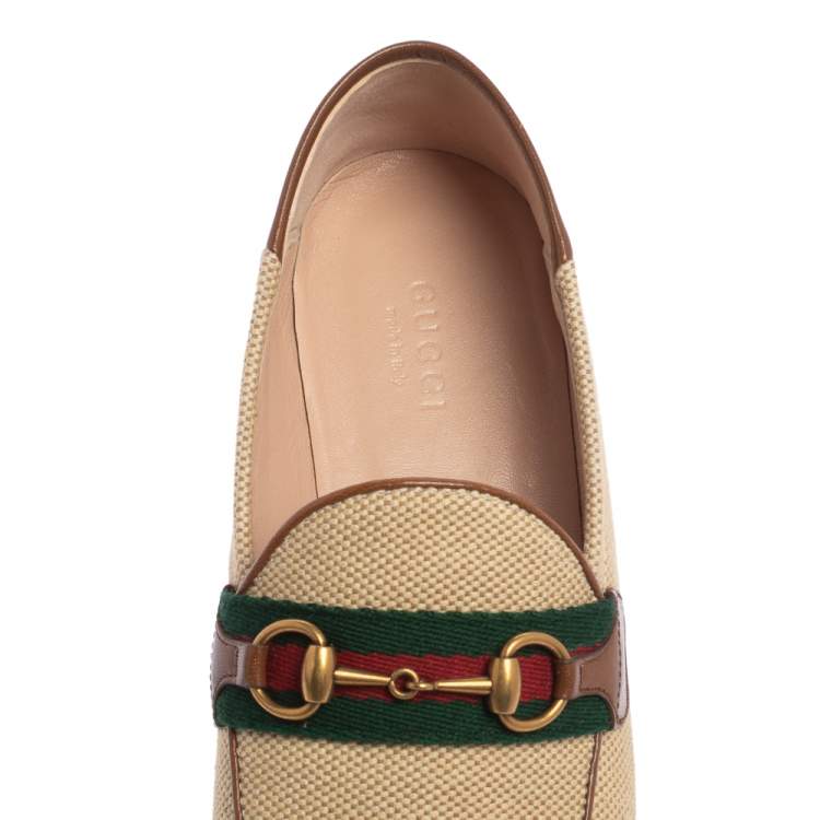 Pre Owned Gucci Beige/Brown Canvas and Leather Horsebit Brixton Loafers Size 37