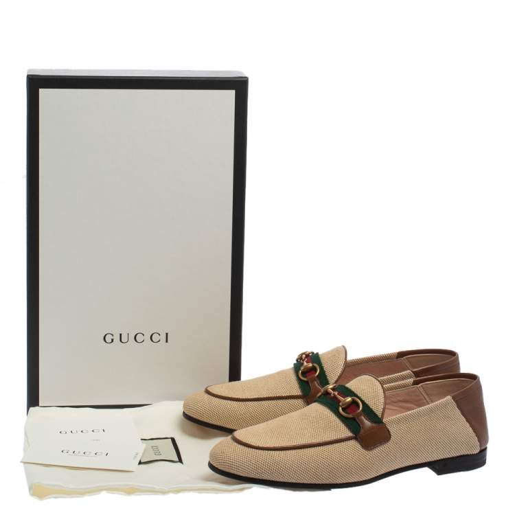 Pre Owned Gucci Beige/Brown Canvas and Leather Horsebit Brixton Loafers Size 37