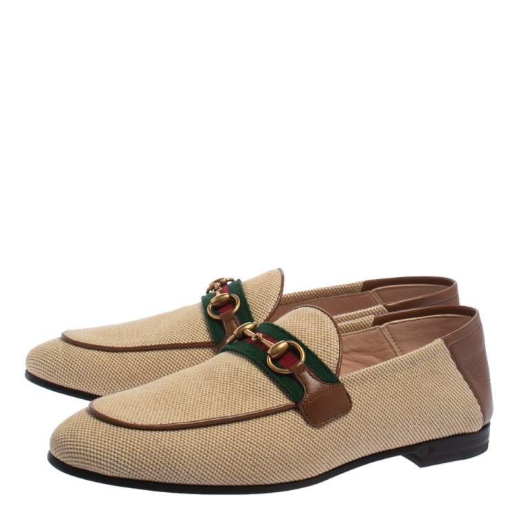 Pre Owned Gucci Beige/Brown Canvas and Leather Horsebit Brixton Loafers Size 37