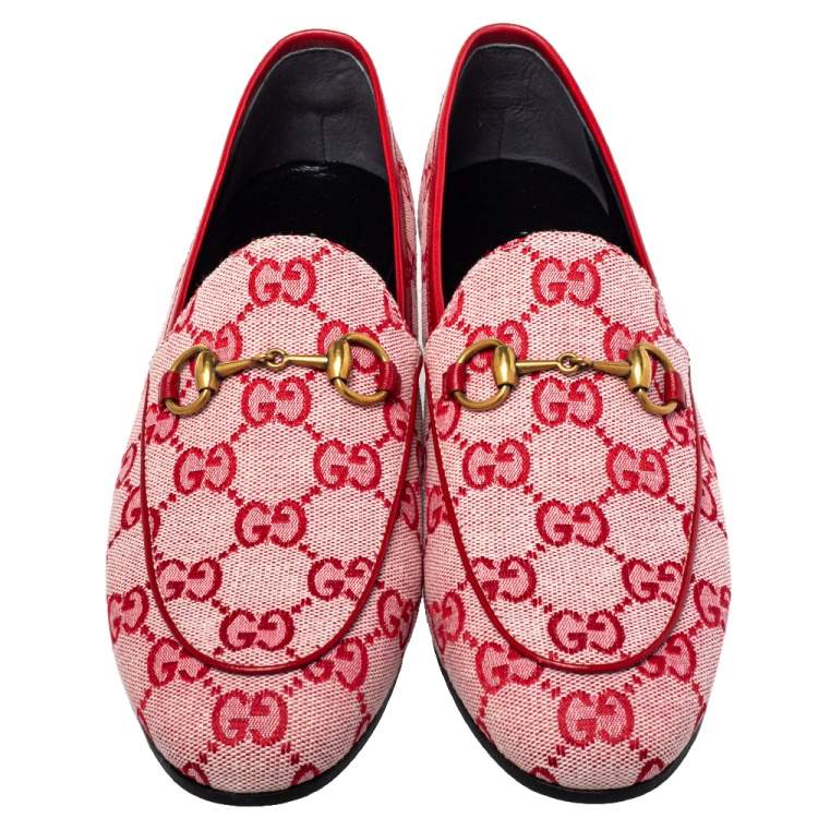 Pre Owned Gucci Red GG Canvas Jordaan Horsebit Loafers Size 36.5
