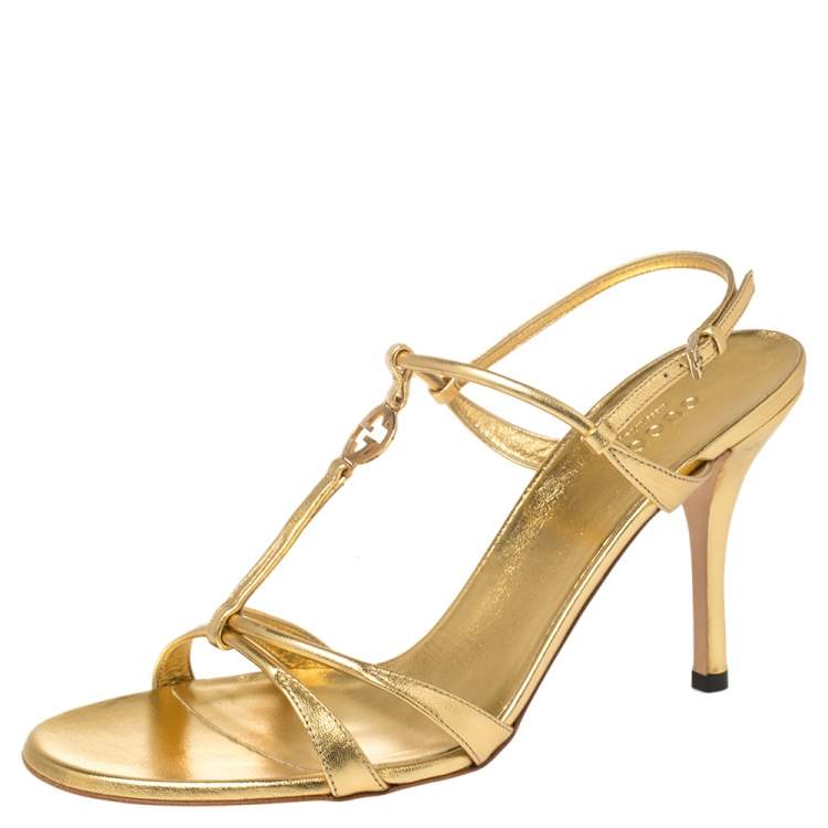 Gucci Metallic Gold Leather Interlocking GG Logo T-Strap Sandals Size ...