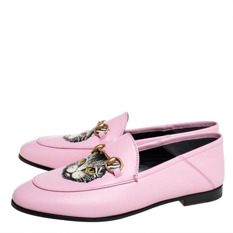 Pre Owned Gucci Pink Leather Brixton Cat Loafers Size 37