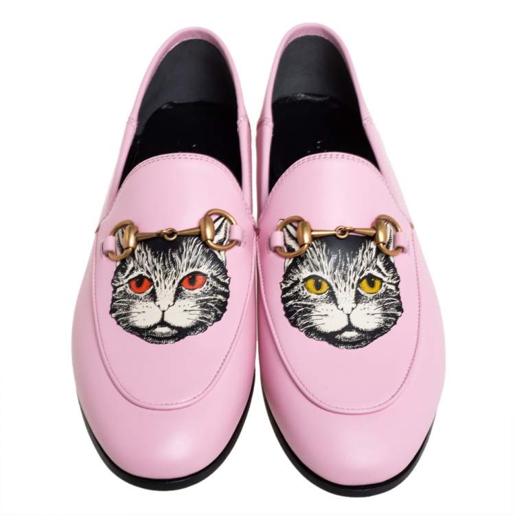 Pre Owned Gucci Pink Leather Brixton Cat Loafers Size 37