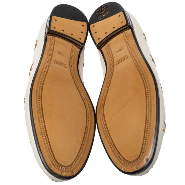 Pre Owned Gucci White Bee & Star Embroidered Leather Jordaan Loafers Size 38.5