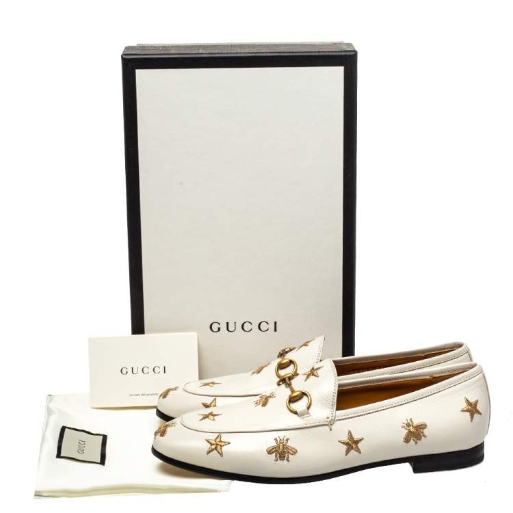 Pre Owned Gucci White Bee & Star Embroidered Leather Jordaan Loafers Size 38.5
