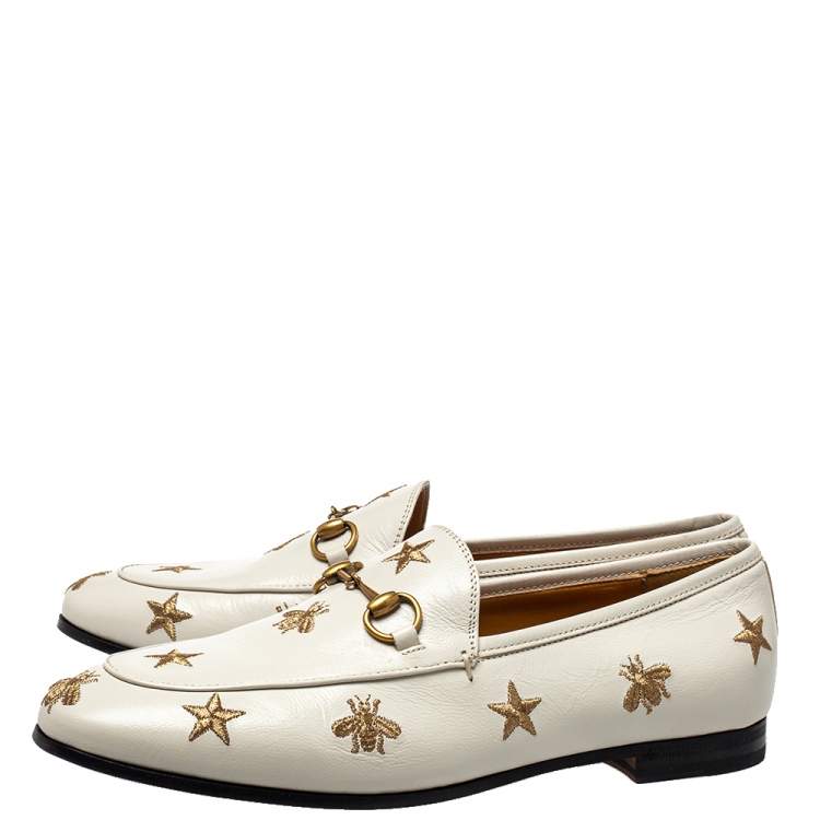 Pre Owned Gucci White Bee & Star Embroidered Leather Jordaan Loafers Size 38.5