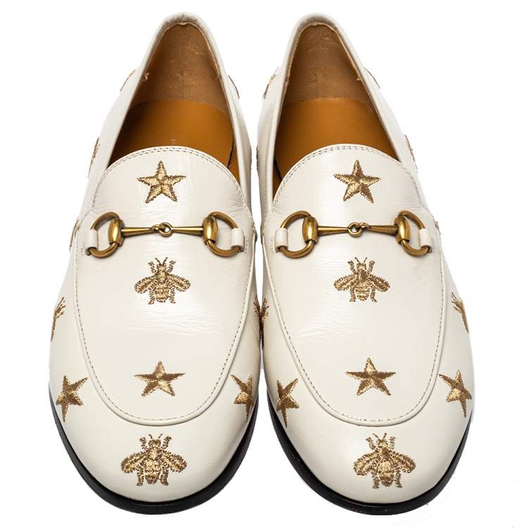 Pre Owned Gucci White Bee & Star Embroidered Leather Jordaan Loafers Size 38.5