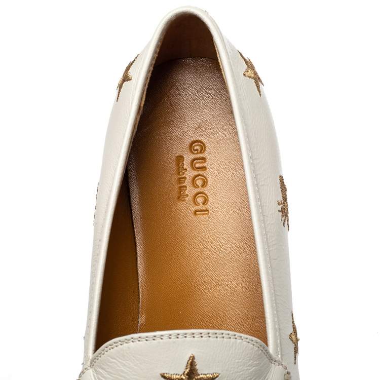 Pre Owned Gucci White Bee & Star Embroidered Leather Jordaan Loafers Size 38.5