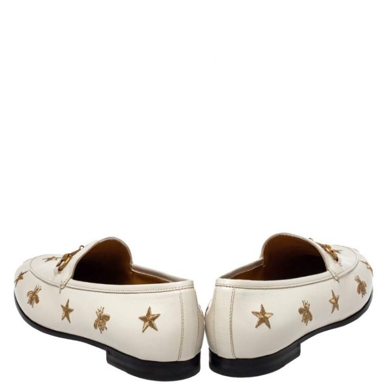 Pre Owned Gucci White Bee & Star Embroidered Leather Jordaan Loafers Size 38.5