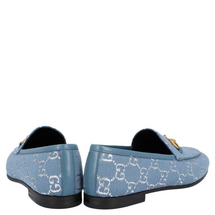 Pre Owned Gucci Blue/Silver GG Canvas New Jordaan Loafers Size EU 36