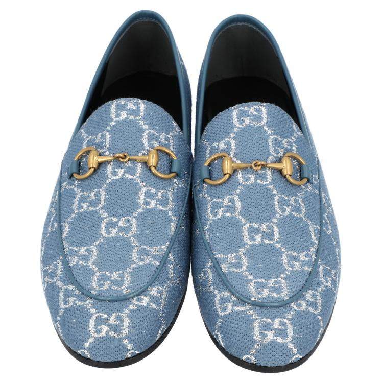Pre Owned Gucci Blue/Silver GG Canvas New Jordaan Loafers Size EU 36