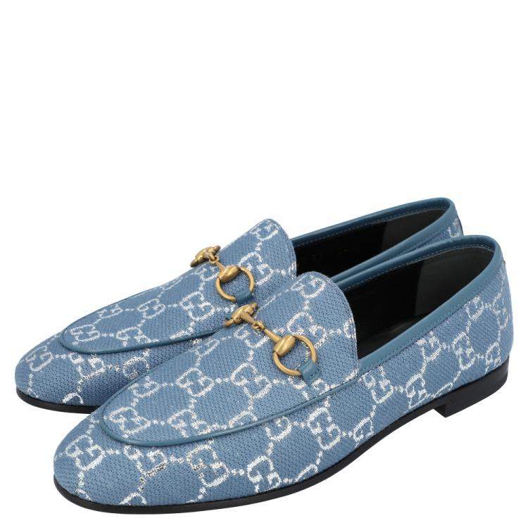Pre Owned Gucci Blue/Silver GG Canvas New Jordaan Loafers Size EU 36