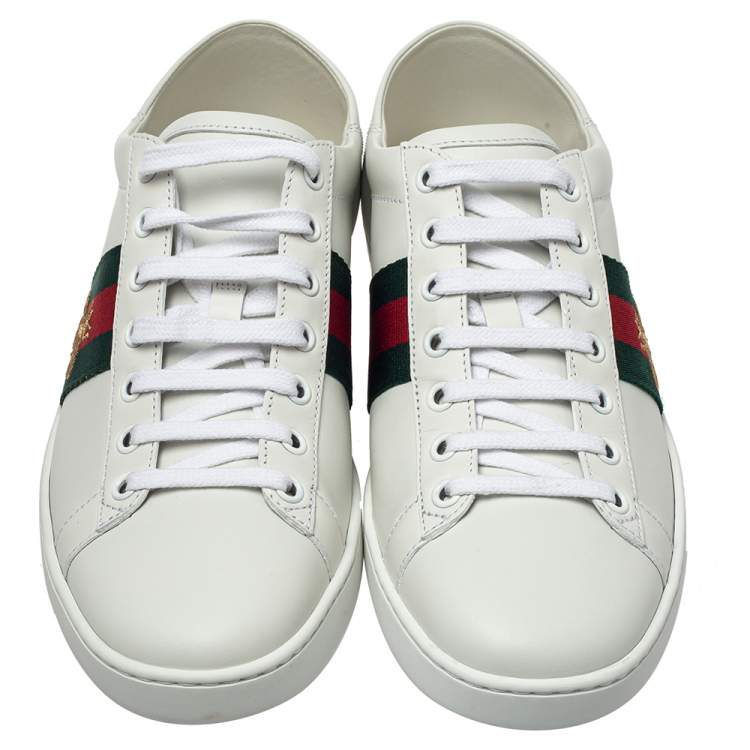 Pre Owned Gucci White Leather Ace Embroidered Bee Low Top Sneakers Size 38.5