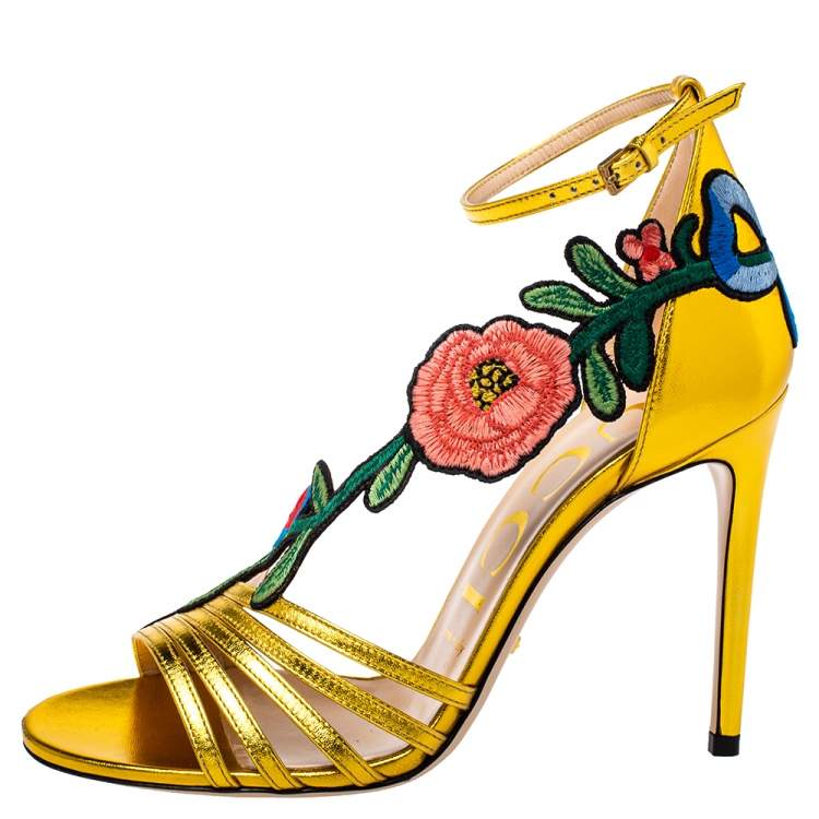 Gucci Gold Leather Ophelia Floral Embroidered Ankle Strap Sandals