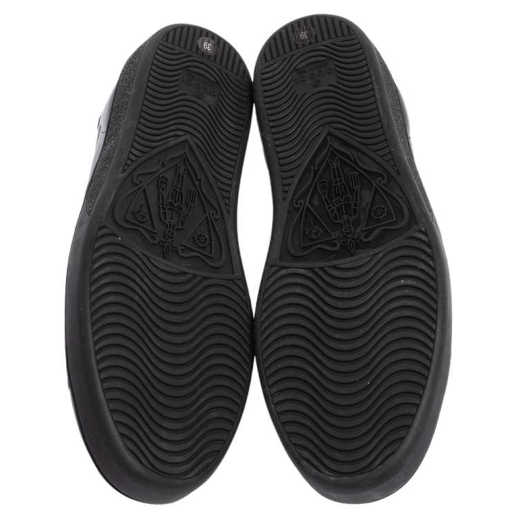 Pre Owned  Gucci Black Leather And Croc Embossed Leather Trim Ace Web Detail Sneakers Size 39