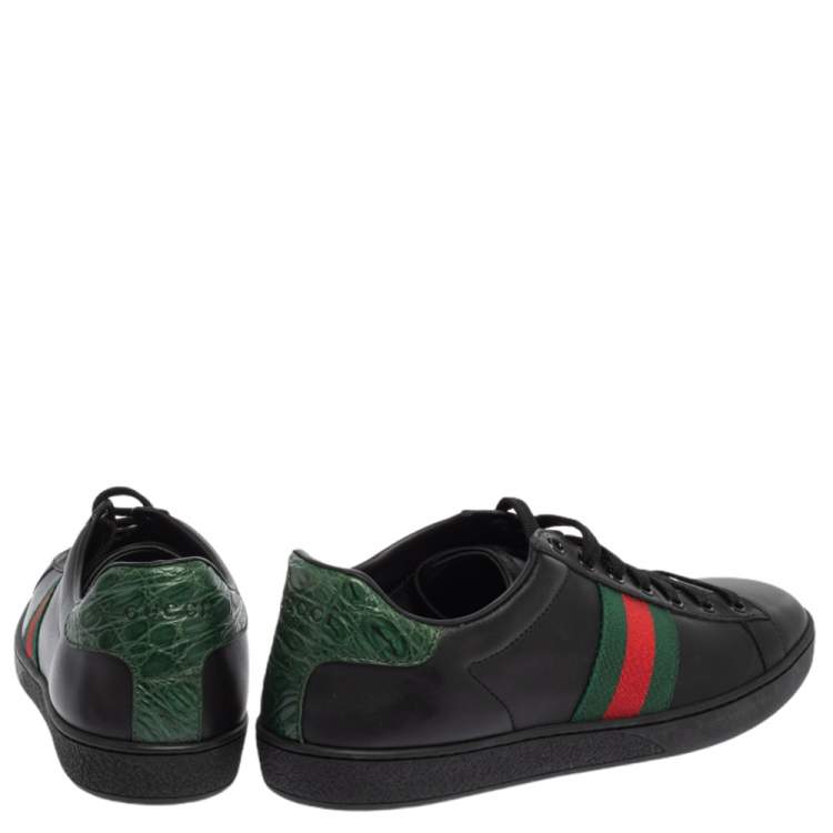 Pre Owned  Gucci Black Leather And Croc Embossed Leather Trim Ace Web Detail Sneakers Size 39