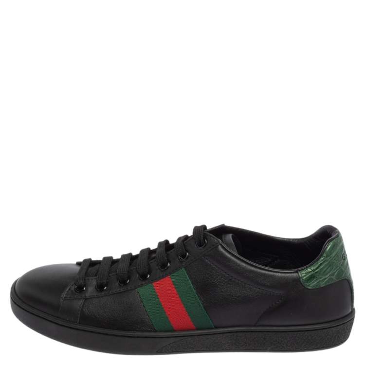Pre Owned  Gucci Black Leather And Croc Embossed Leather Trim Ace Web Detail Sneakers Size 39