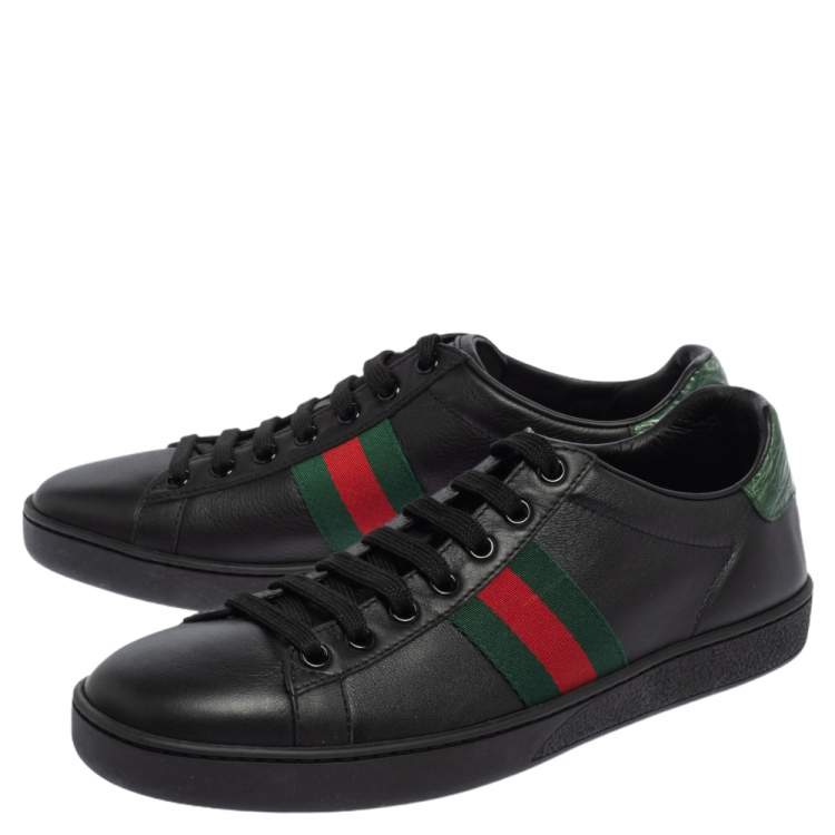 Pre Owned  Gucci Black Leather And Croc Embossed Leather Trim Ace Web Detail Sneakers Size 39