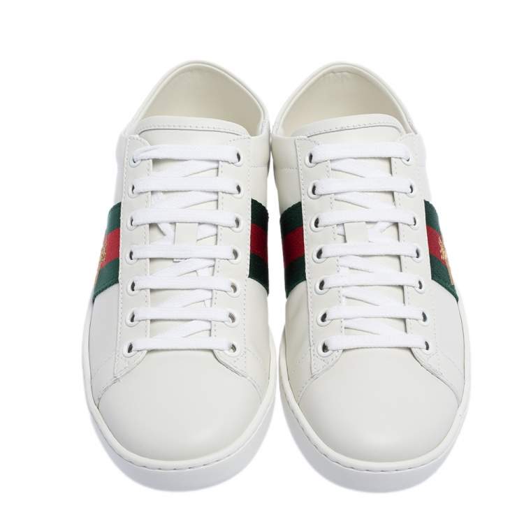 Pre Owned Gucci White Leather And Canvas Ace Sneakers Size 36