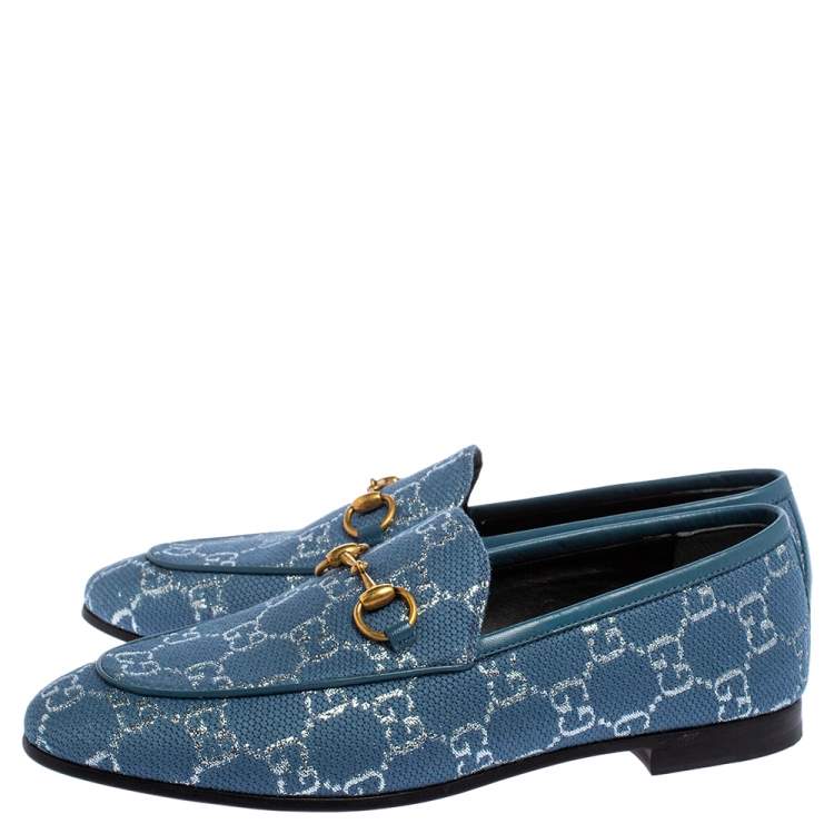 Pre Owned Gucci Blue/Silver Lame Fabric Horsebit Jordaan Slip On Loafers Size 37