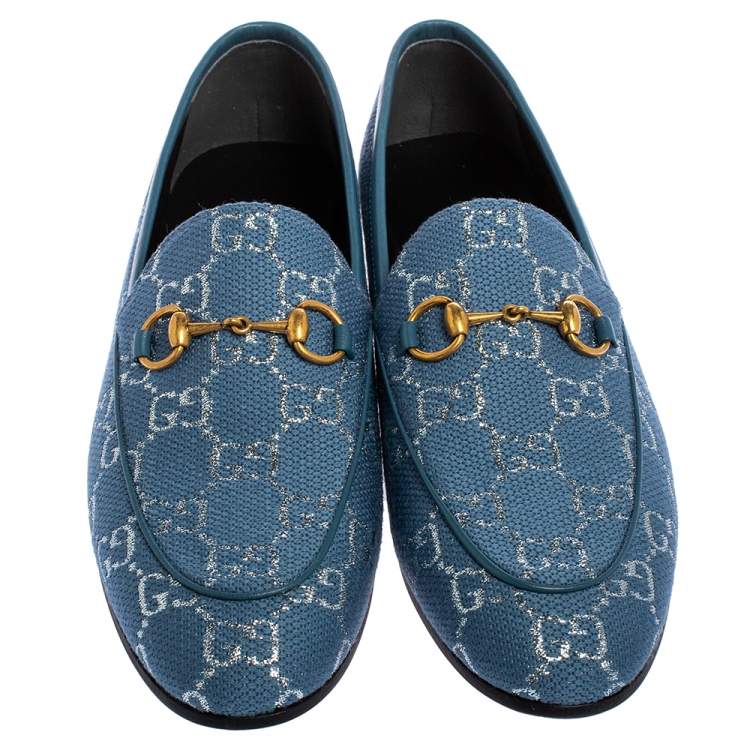 Pre Owned Gucci Blue/Silver Lame Fabric Horsebit Jordaan Slip On Loafers Size 37