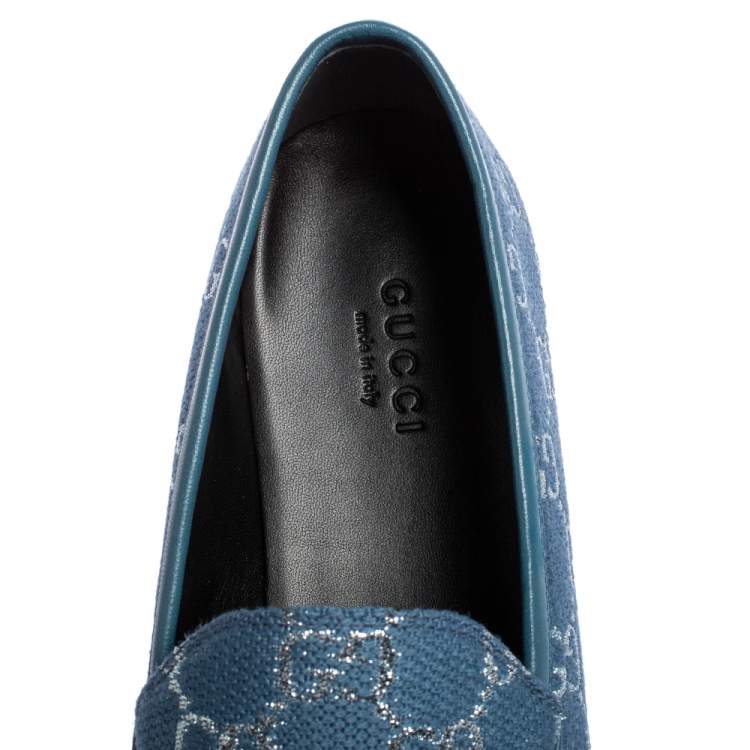Pre Owned Gucci Blue/Silver Lame Fabric Horsebit Jordaan Slip On Loafers Size 37