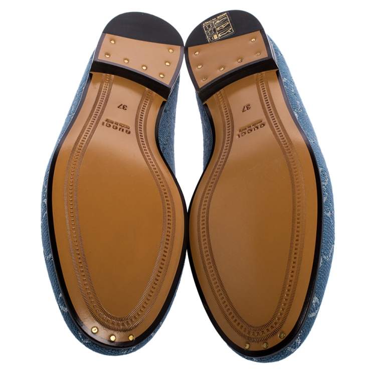 Pre Owned Gucci Blue/Silver Lame Fabric Horsebit Jordaan Slip On Loafers Size 37