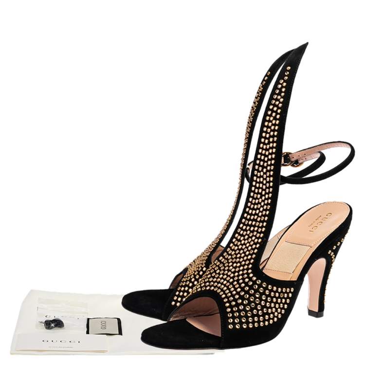 Pre Owned Gucci Black Suede Crystal Embellished Cone Heel Ankle Strap Sandals Size 37