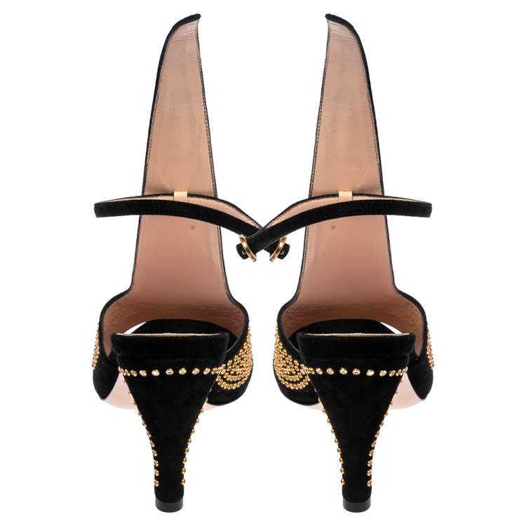 Pre Owned Gucci Black Suede Crystal Embellished Cone Heel Ankle Strap Sandals Size 37