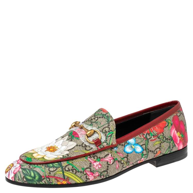 Pre Owned Gucci Multicolor Floral Print Coated Canvas Jordaan Loafers Size 38