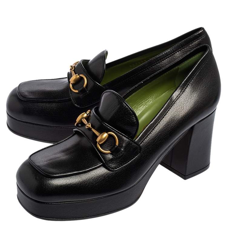 مملوكة مسبقًا Gucci Black Leather Horsebit Platform Loafer Pumps Size 39