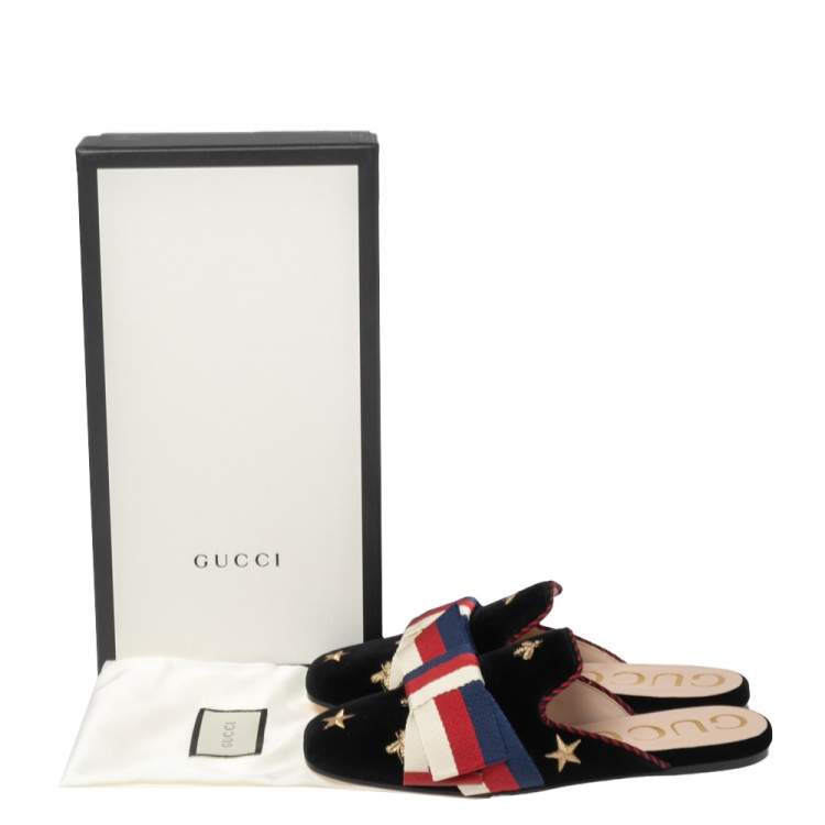 Pre Owned Gucci Black Velvet Embroidered Bees Bow Princetown Mule Flats Size 37
