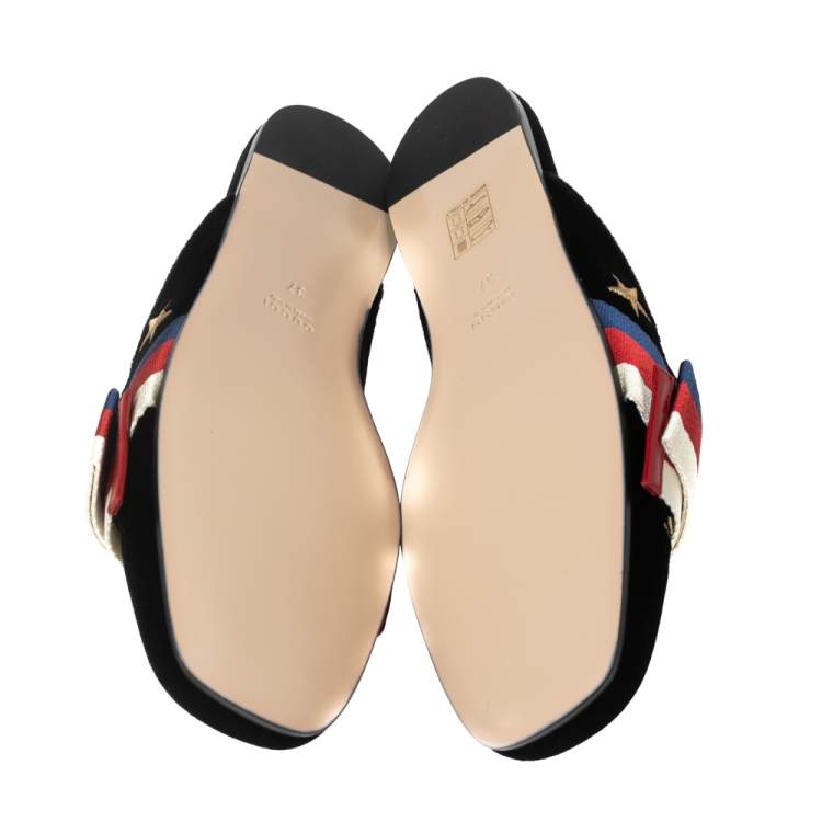Pre Owned Gucci Black Velvet Embroidered Bees Bow Princetown Mule Flats Size 37