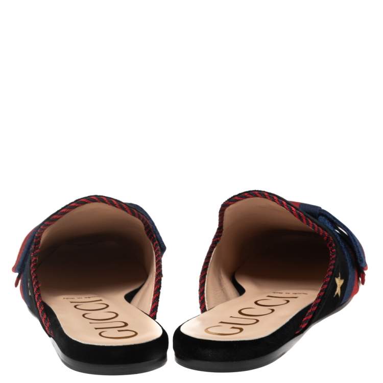 Pre Owned Gucci Black Velvet Embroidered Bees Bow Princetown Mule Flats Size 37