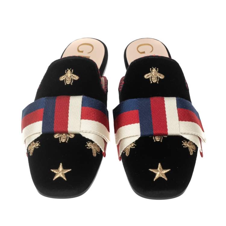 Pre Owned Gucci Black Velvet Embroidered Bees Bow Princetown Mule Flats Size 37