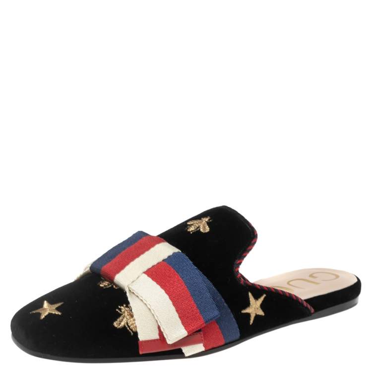 Pre Owned Gucci Black Velvet Embroidered Bees Bow Princetown Mule Flats Size 37