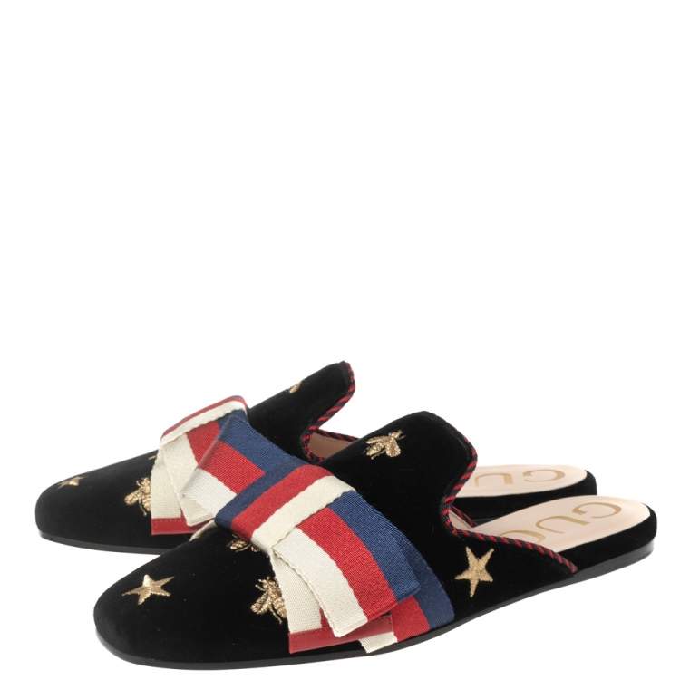 Pre Owned Gucci Black Velvet Embroidered Bees Bow Princetown Mule Flats Size 37