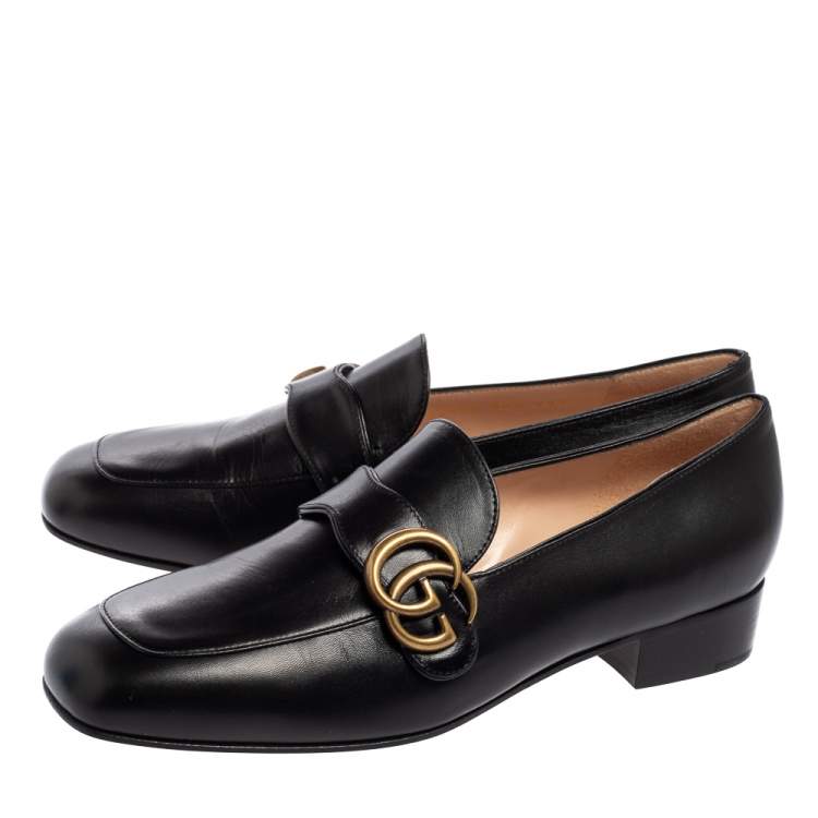 Pre Owned Gucci Black Leather GG Marmont Loafers Size 38.5